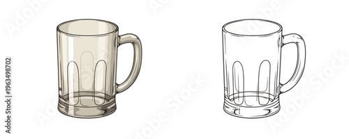 Cartoon glass beer mug with handle in color and black line art styles showing empty transparent heavy tankard for bar service on white background