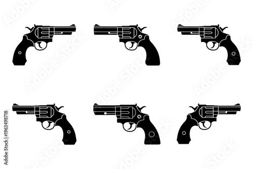Vector of six revolver handguns arranged in two rows