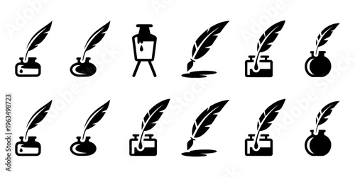Vector of collection of quill pens and inkwells displayed in a variety of poses and designs