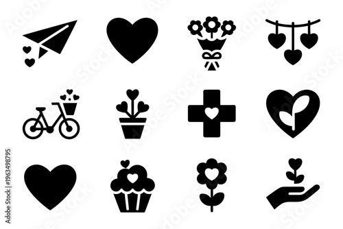 Vector icon set featuring various love themed elements including hearts, flowers and bicycles.