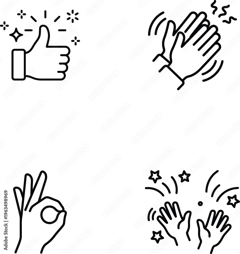 Fototapeta premium A hand gesture illustration with thumbs up, clapping, okay sign, and starry hands on a white background