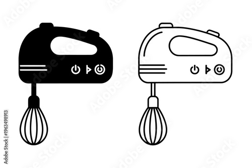 Vector graphic illustrating two hand mixers in with control buttons and whisk attachments