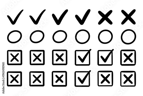 Vector showing checkmarks, crosses, and circles in a grid pattern for voting, surveys, or checklists