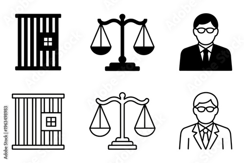 Vector displays prison cells, scales of justice and professional attorneys in suits