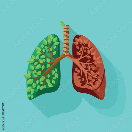Healthy green leafy lung and a dry red branchy lung, symbolizing the contrast between clean air and air pollution, eco-friendly life.
