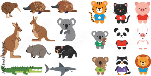 Cute cartoon animal vector collection featuring wild animals, farm animals and adorable character mascots including kangaroo, koala, tiger, panda and crocodile