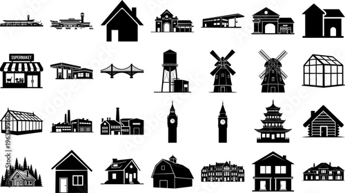 Collection of black and white building silhouettes for architecture and design