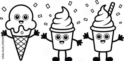 Cute ice cream characters in cone and cup with smiling faces playful cartoon dessert icons black and white vector set