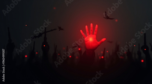 AI Concept of Stop Violence Against Armed Conflict with Red Glowing Hand Symbol