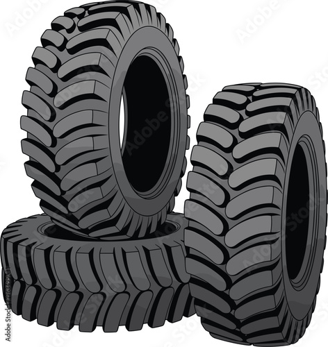 Heavy duty off road tires with deep tread pattern stacked arrangement rugged vehicle wheels vector illustration automotive equipment design