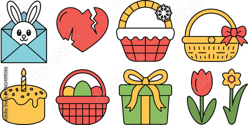 Cute Easter icon set with bunny eggs baskets flowers cake and gift box colorful spring holiday vector illustrations collection