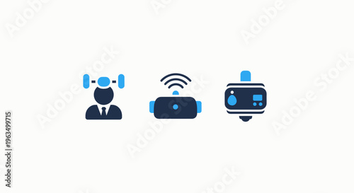 Drone operator and wireless technology icons: remote control, network signal, robotic device for automation and advanced surveillance applications