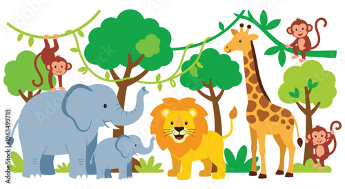 Jungle animals with elephant, lion, giraffe, and monkeys among trees.