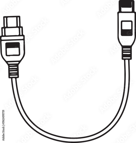 "Black and White USB Type A to Micro-USB Cable Vector Illustration - Minimalist Line Art"
