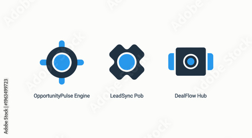 Collection of three distinct abstract technology icons representing navigation, precision synchronization, and modular connection for digital systems and iot solutions