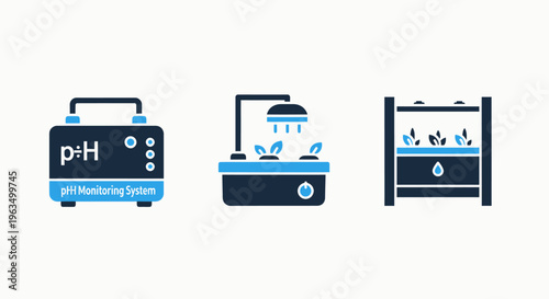 Hydroponic system icons: ph meter, grow light setup, vertical garden tower for smart farming and agriculture technology