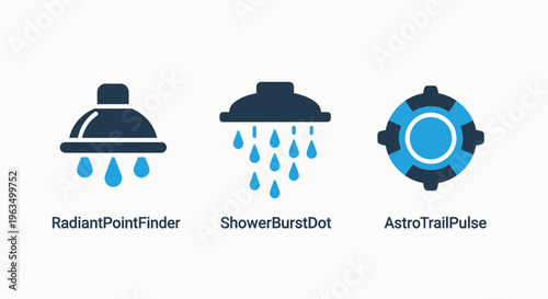 Shower head icons: radiant point finder, burst dot, and astro trail pulse for bathroom design and water technology