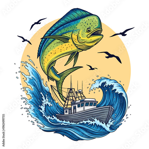 Mahi mahi jumping out of water with fishing boat on big ocean waves and sunset background