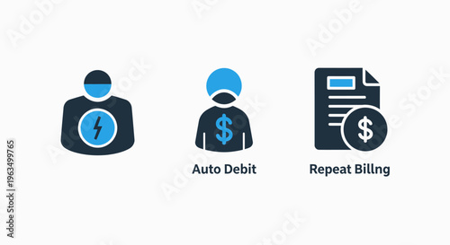 Billing icons: electrical energy, auto debit, and repeat billing for financial services and payment systems
