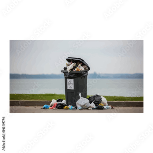 Overflowing trash bin on public sidewalk by the water