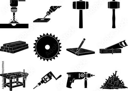 Black and white illustration set of various carpentry tools and equipment for woodworking projects
