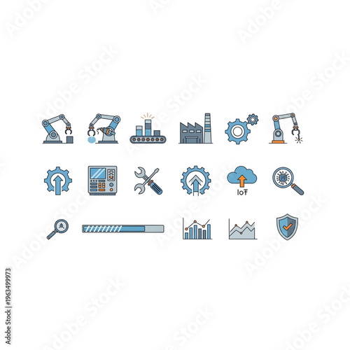 Smart factory and robotic automation vector icon set