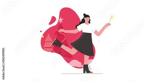Animated festive woman holding sparkler with abstract Christmas tree illustratio