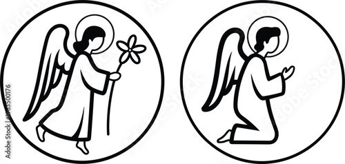Line art angel icons in circular frames featuring praying and holding flower figures representing spirituality faith protection and divine symbolism