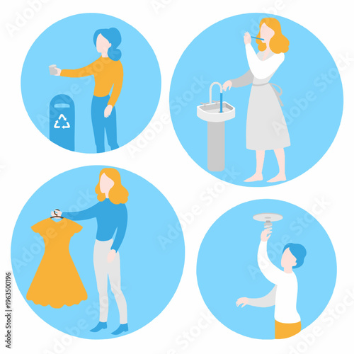 Modern Flat Woman Activity in Daily Life Illustration Collection