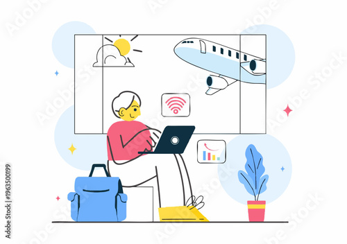 Simple Flat Illustration Man Working on Laptop at Airport Lounge