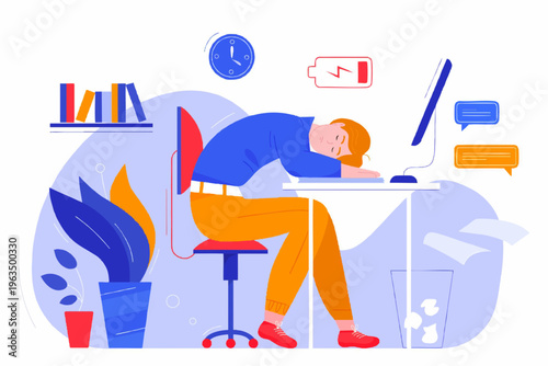 Flat Cartoon Exhausted Person Sleep at Desk Office Illustration