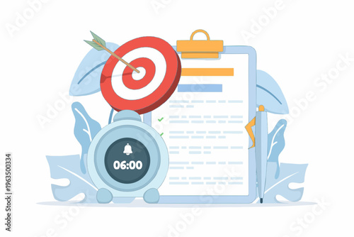 Flat Style Detailed Target with Arrow and Clipboard Time Management Illustration