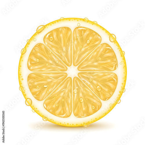 A fresh, juicy slice of ripe yellow lemon isolated on white background, showing organic citrus fruit texture in a macro closeup for healthy diet and natural food concepts