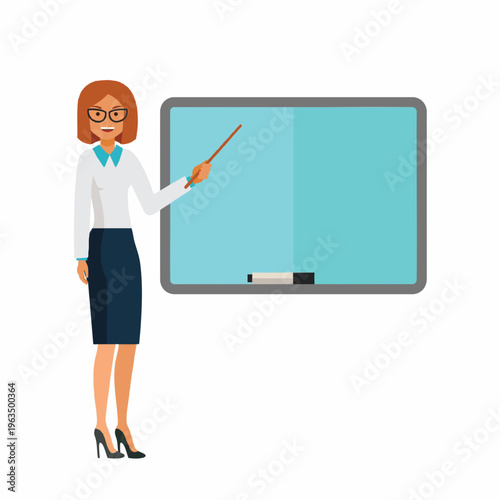 Flat Style Full Body Teacher Standing Next to Whiteboard Illustration
