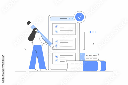 Modern Flat Illustration Woman Doing Task List on Smartphone Concept