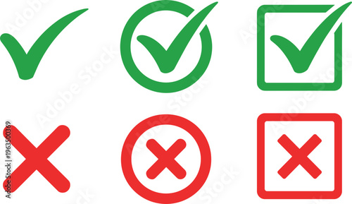 Collection of tick and x symbols in circular shapes for success failure yes no decision icons modern flat vector style