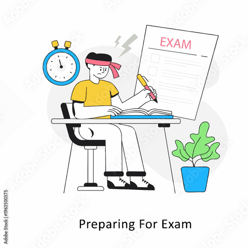 Modern Flat Illustration Student Studying at Desk Preparing for Exam Concept