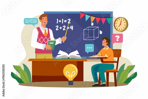 Flat Illustration of Teacher Teaching Student in Classroom Education