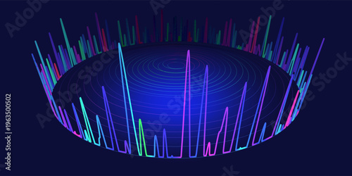Abstract digital audio 3D waveform. Equalizer radial on virtual disk in dark space.