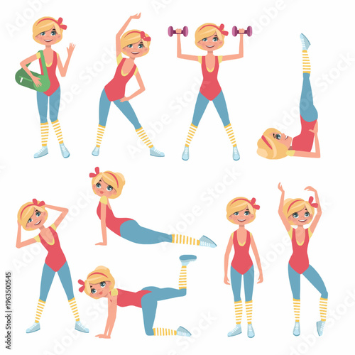 Cute Cartoon Girl Doing Various Fitness Exercises Sport Healthy Lifestyle