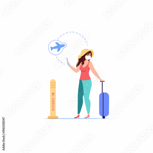 Modern Flat Style Traveler Girl Waiting for Plane Illustration
