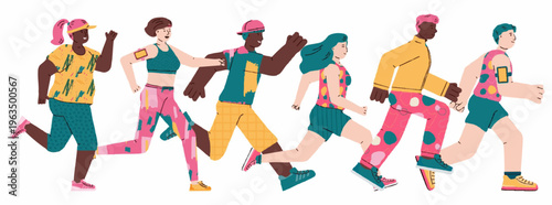 Flat Style Illustration of Diversity Group of People Running Together Outdoors