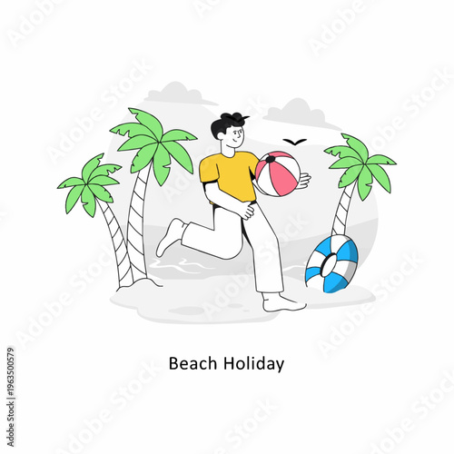 Flat Style Detailed Beach Holiday Illustration With Palm Trees And Boy