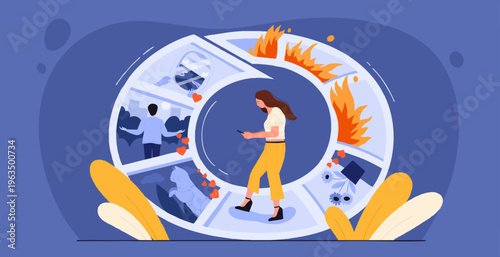 Conceptual Flat Illustration of Woman Surrounded by Stressful Events and Issues