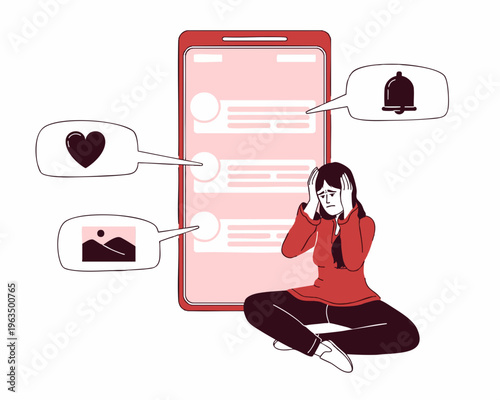 Flat Illustration Sad Woman Overwhelmed with Notification on Smartphone