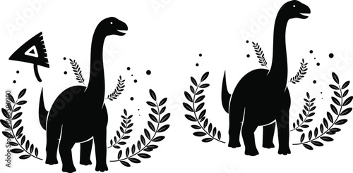 Dinosaur silhouette vector illustration featuring brachiosaurus with decorative leaves and nature elements in minimal black design