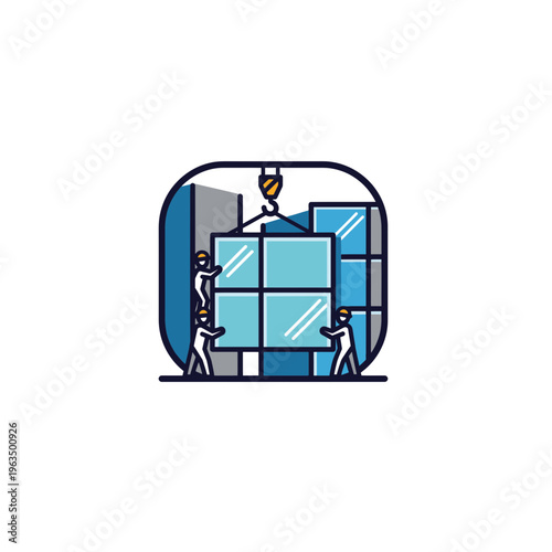 Construction workers installing glass panels on high rise building facade