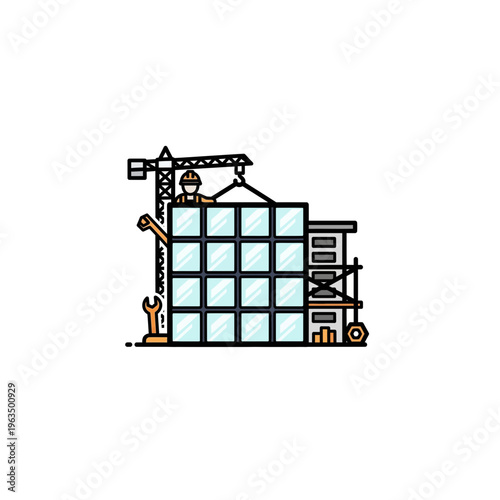 Industrial construction workers installing facade glass window panels