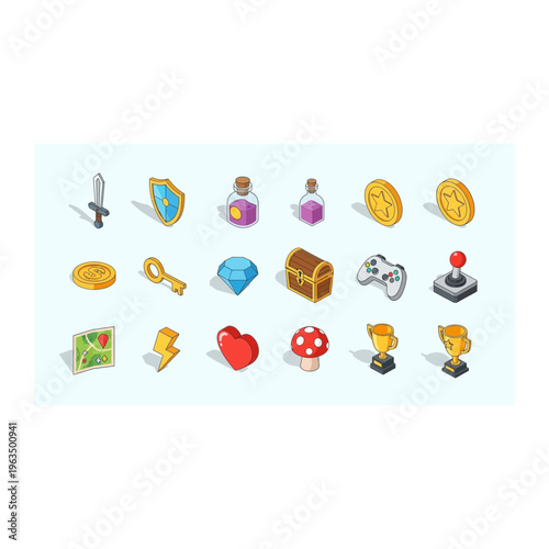 Gaming icons set featuring treasure chests diamonds and player rewards