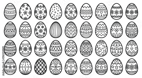 Line art collection of easter eggs with various patterns and designs.
